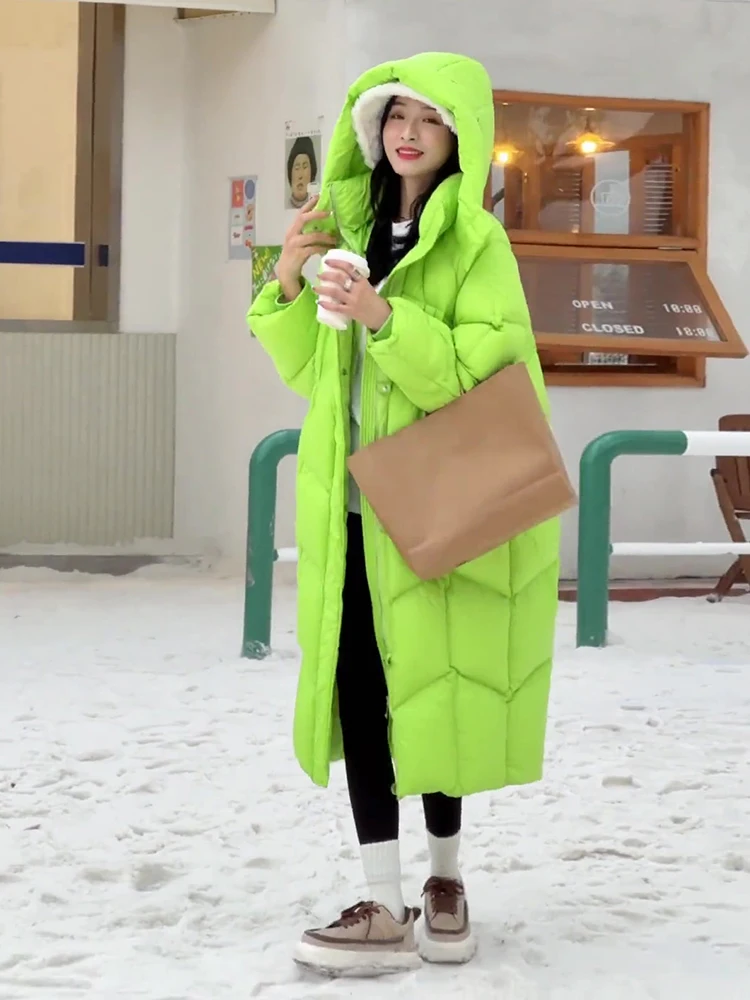 Vestibilità ampia Lunga een Du down Puffer Jaet con cappuccio Cerniera per donna Inverno 2024 Giacca a vento da pendolare Faion Korean Sle