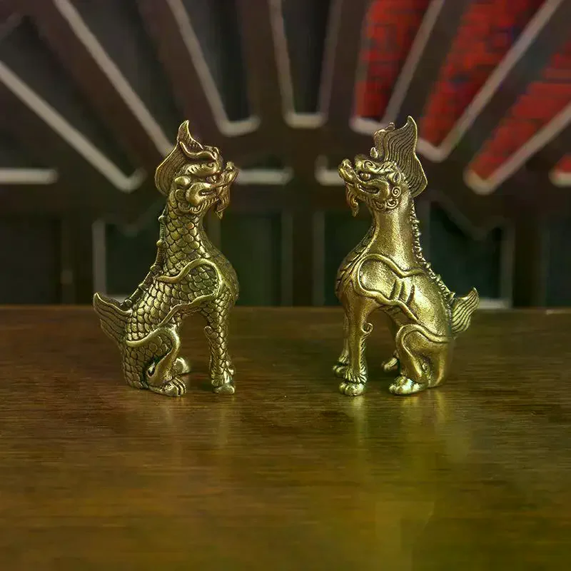 【New】Brass Small Statue Desktop Ornament Chinese Mythical Beast Figurines Retro Home Feng Shui Decorations Crafts