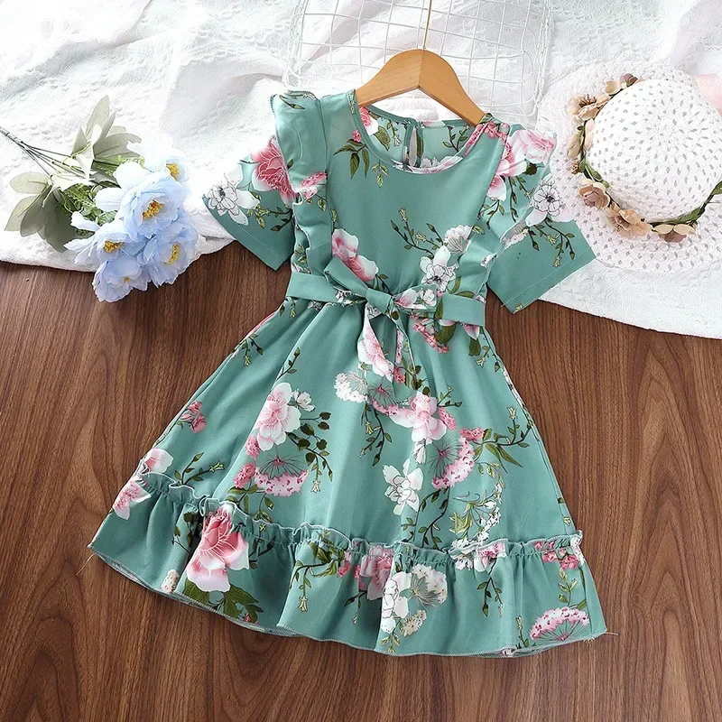 

Детское повседневное летнее платье для девочек, одежда, новинка 2023 года, платье принцессы с короткими рукавами и цветочным принтом для малышей, модное детское платье с поясом, От 2 до 8 лет