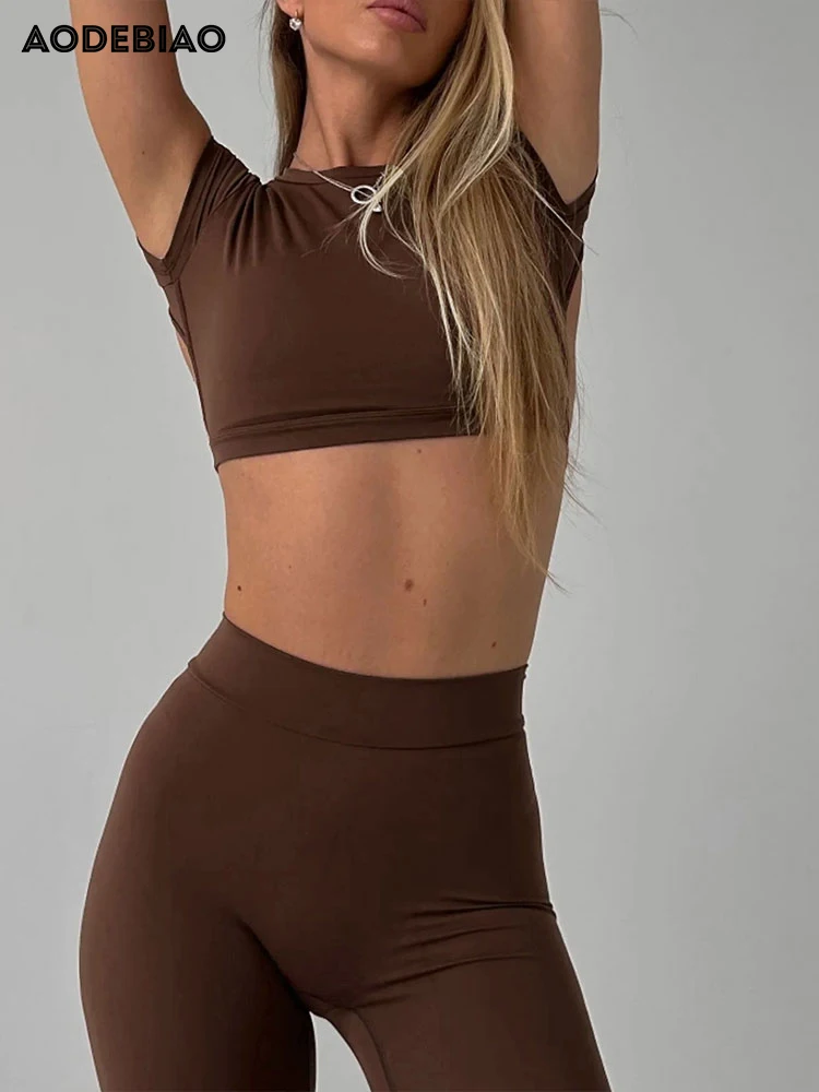 AODEBIAO الرياضة اللياقة البدنية 2 قطعة مجموعة المرأة الصيف مثير عارية الذراعين تي شيرت سليم بنطلون قصيرة الأكمام تيز المحاصيل السراويل اليوغا مجموعة #3