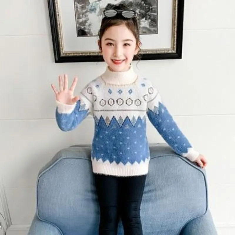 

Детский утолщенный пуловер из норки и кашемира на флисовой подкладке, свитер на осень-зиму, термоосновной слой для девочек, размер 10-14 лет