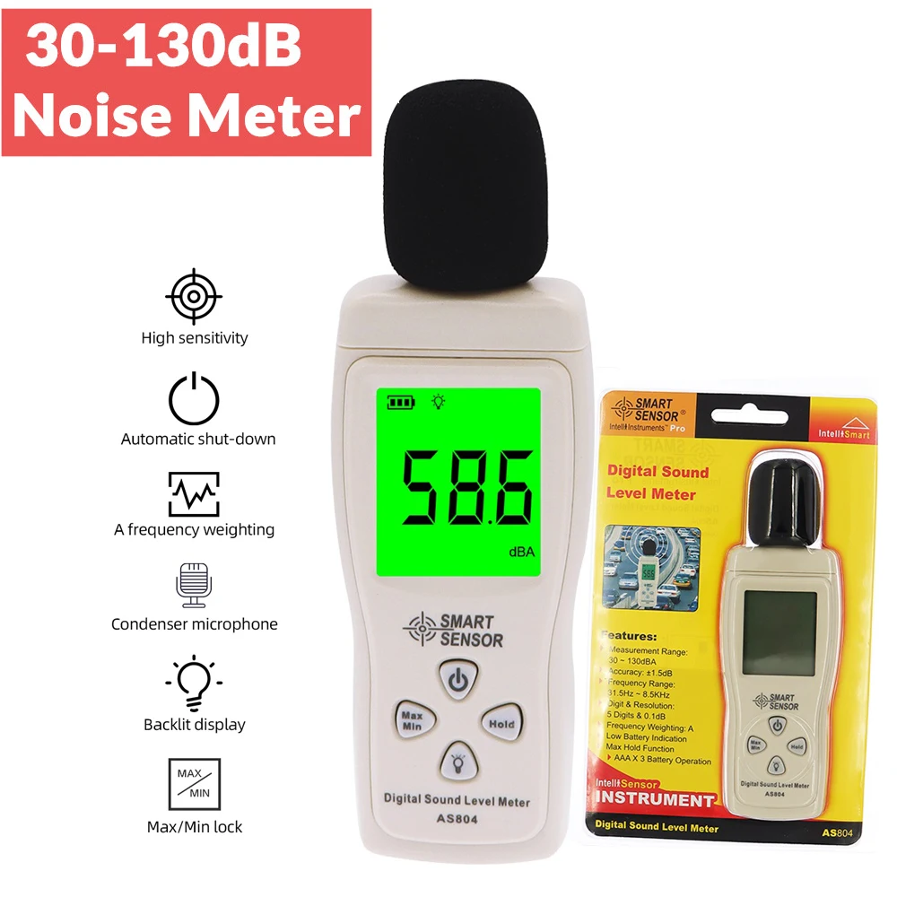 Sensor inteligente AS804 medidor de nivel de sonido Digital 30-130dBA monitoreo de ruido analizador de decibelios medidor de ruido portátil para biblioteca Oficina
