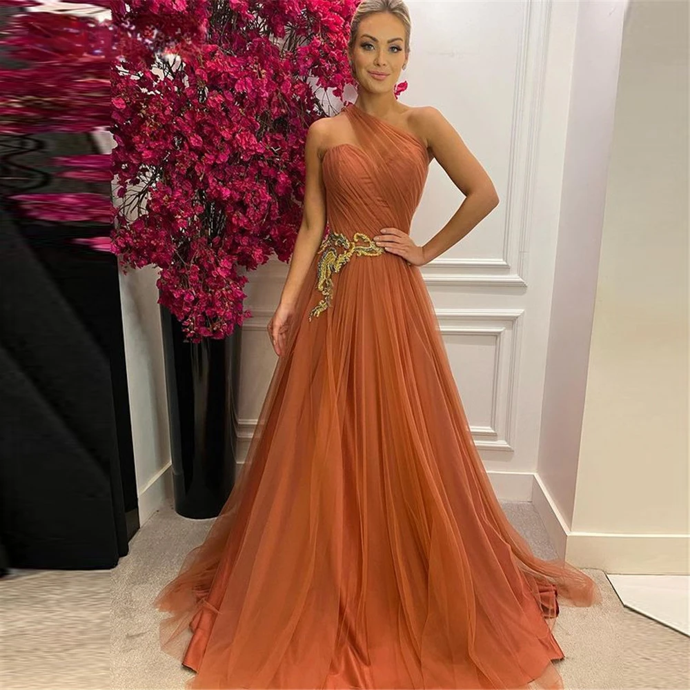 Modern A-Line Tulle Long Prom Dresses One Shoulder Pleats Applique Simple Evening Gowns 2022 Special Occasion Dress