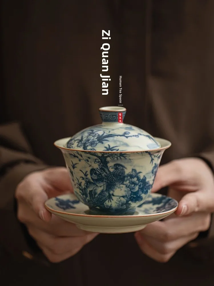 

JOJOS L PD Ancient Ceramic Tea Bowl Chinese Style Three Elements Cover Bowl Porcelain Gongfu Tea Set Handmade Crafted