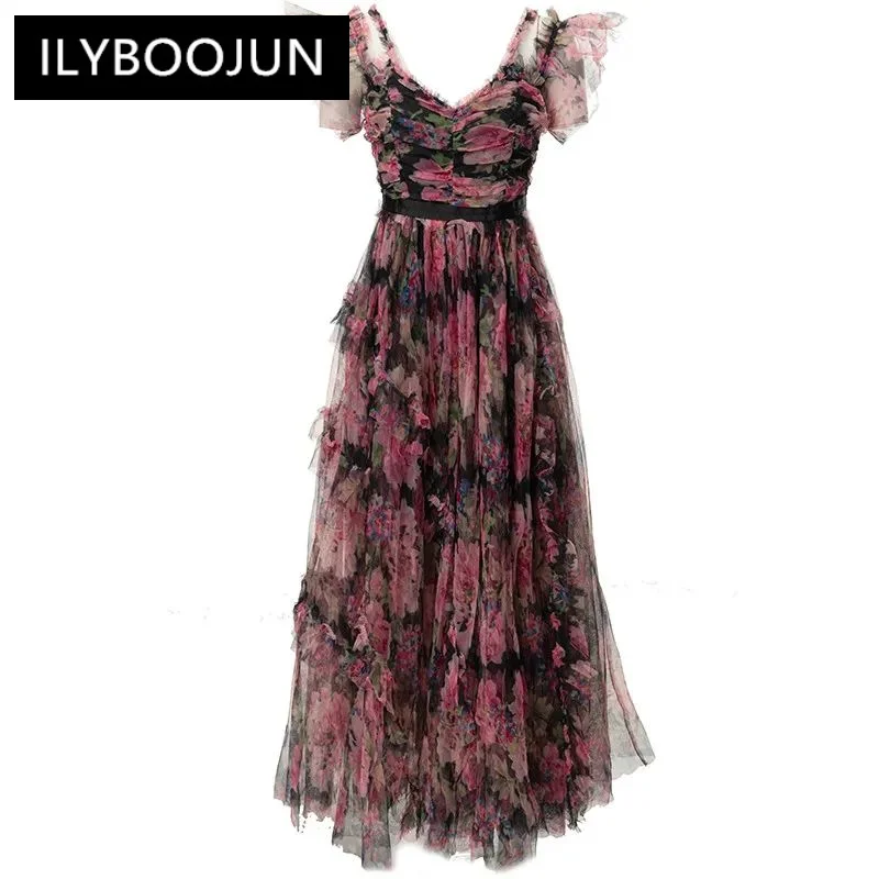 

ILYBOOJUN Fashion Designer spring Summer Women's Sweetheart Neck Flounced Edge Lace Camisole Backless Printed Dresses