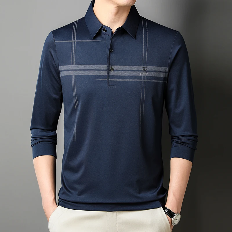 New Winter Men's  Warm and Comfortable Long Sleeve Casual Polo Shirt Business Stripe Printed Men's Top