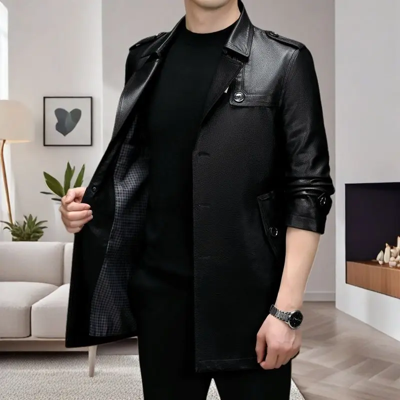 

For Autumn Winter Men's Leather Coat Fleece Middle-aged Casual Leather Windbreaker Dad's Wear Imitation Sheep Fur Collar Jackets