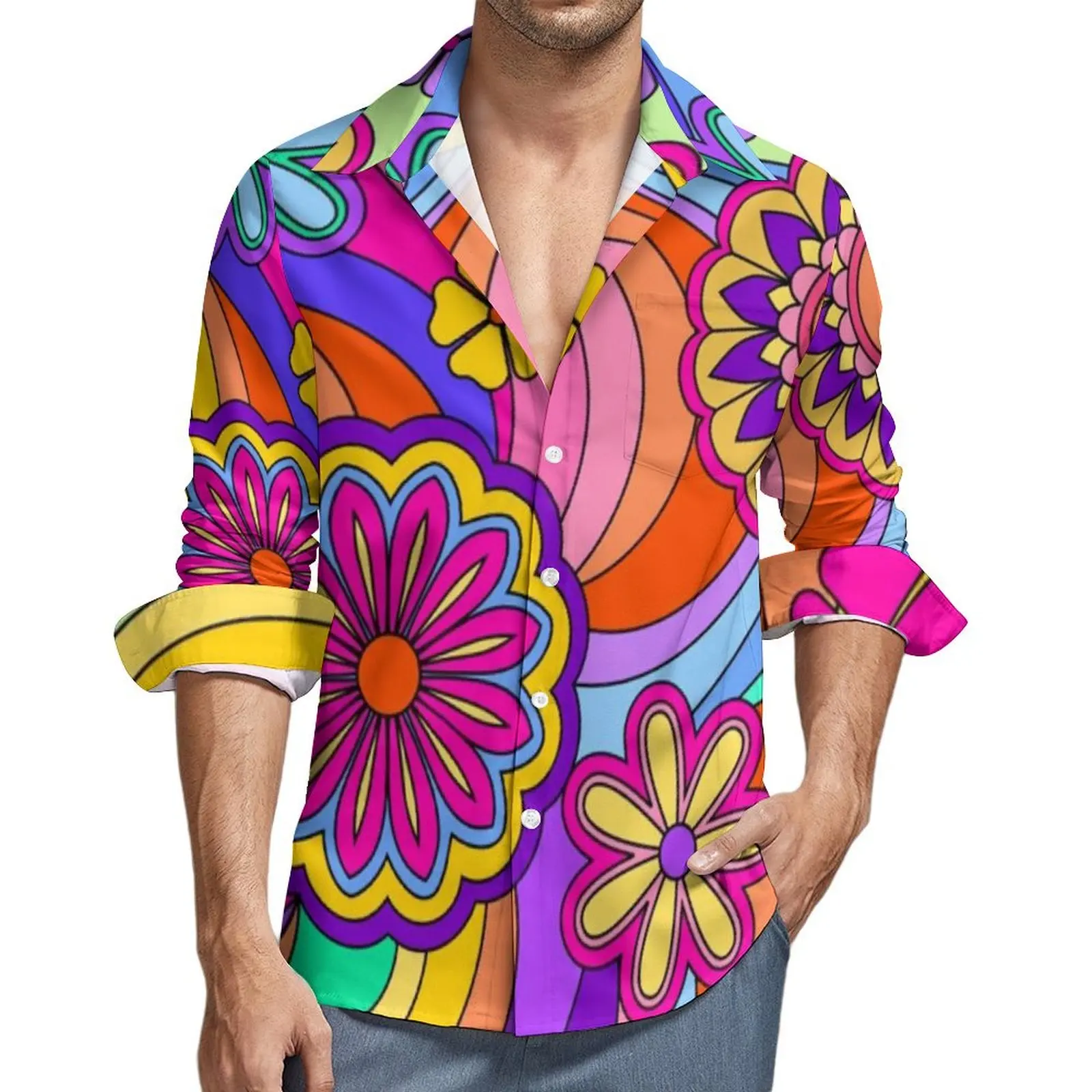 

Colorful Flower Power Blouses Men Vintage Hippy Shirt Long Sleeve Elegant Stylish Casual Shirts Spring Design Clothing Plus Size