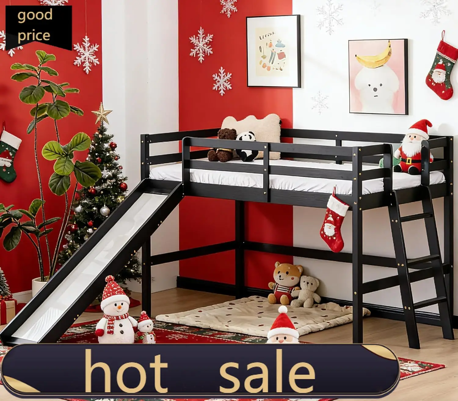 VINGLI 47 Inches Medium High Loft Bed with Slide, Space Saving Kids Low Loft Bed Twin Size with Guardrail and Flat Ladder, Pine