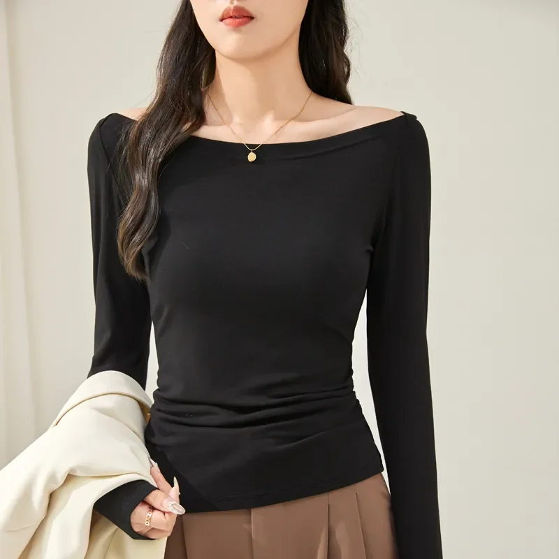 

Women Off Shoulder Long Sleeve Top Slim Fit Solid Black Basic Casual Office T Shirt Blouse
