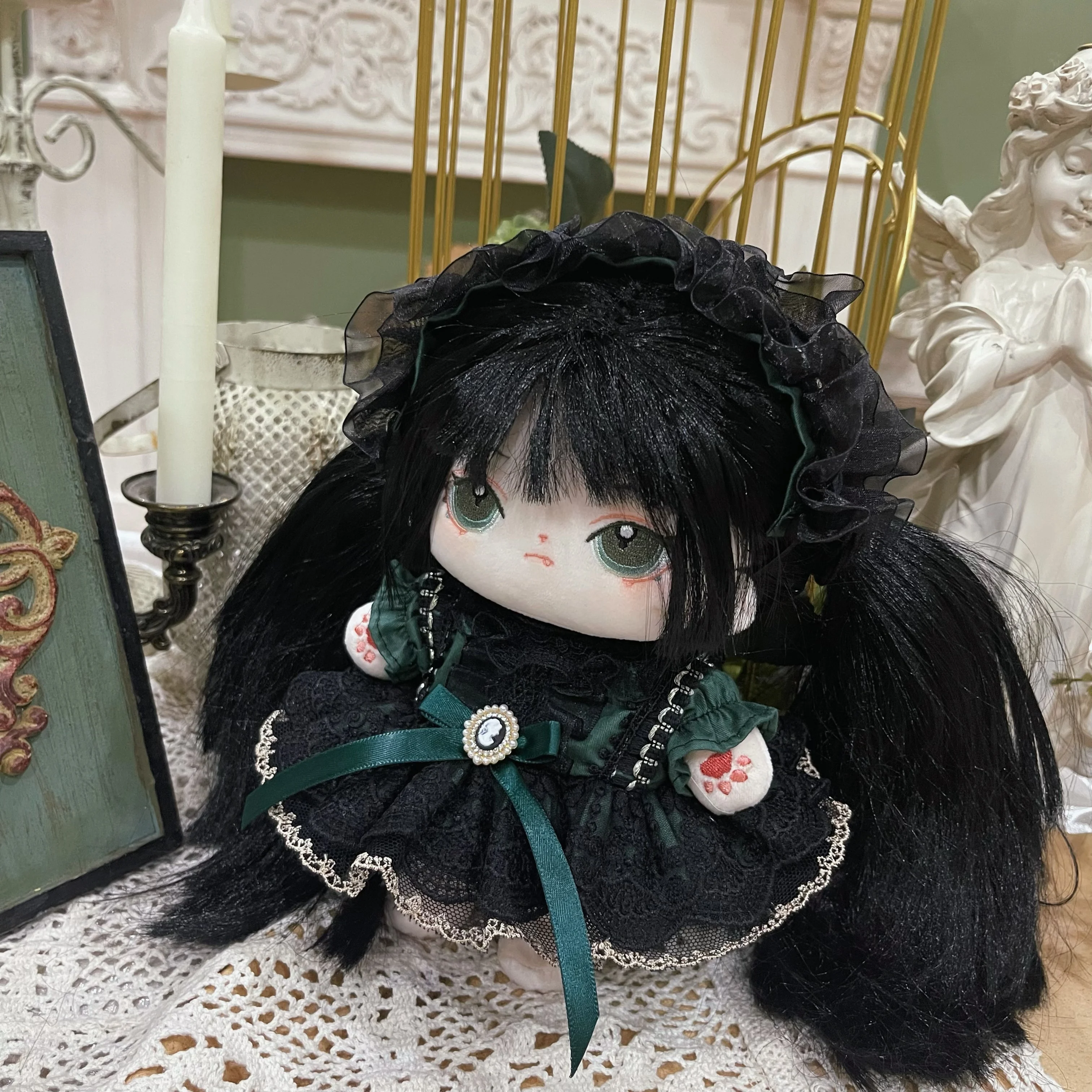 Handmade 2pc/set 15/20/40cm Doll Clothes Dark Green Vintage Princess Dress Headband Plush Dolls Outfit Cos Suit