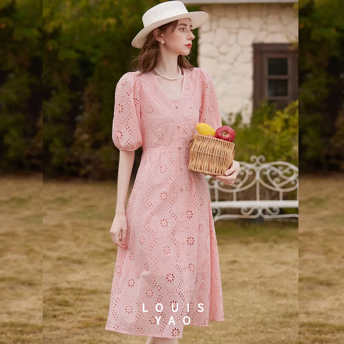 

LOUISYAO 2026 Summer Regular Fit V Neck Puff Sleeve Dress Women Hollow Out Craft Dress