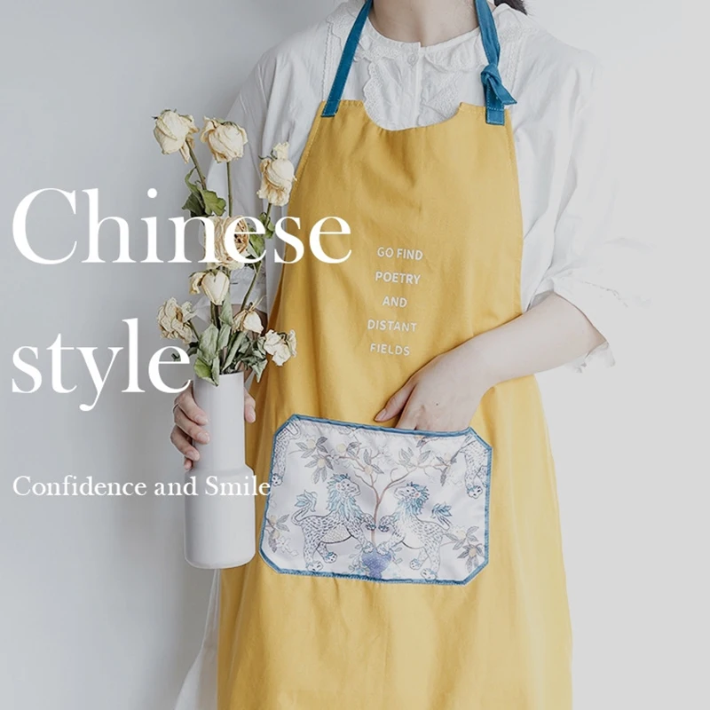 Chinese style kitchen apron women's fashion home creative Nordic work cotton Chinese household breathable smock