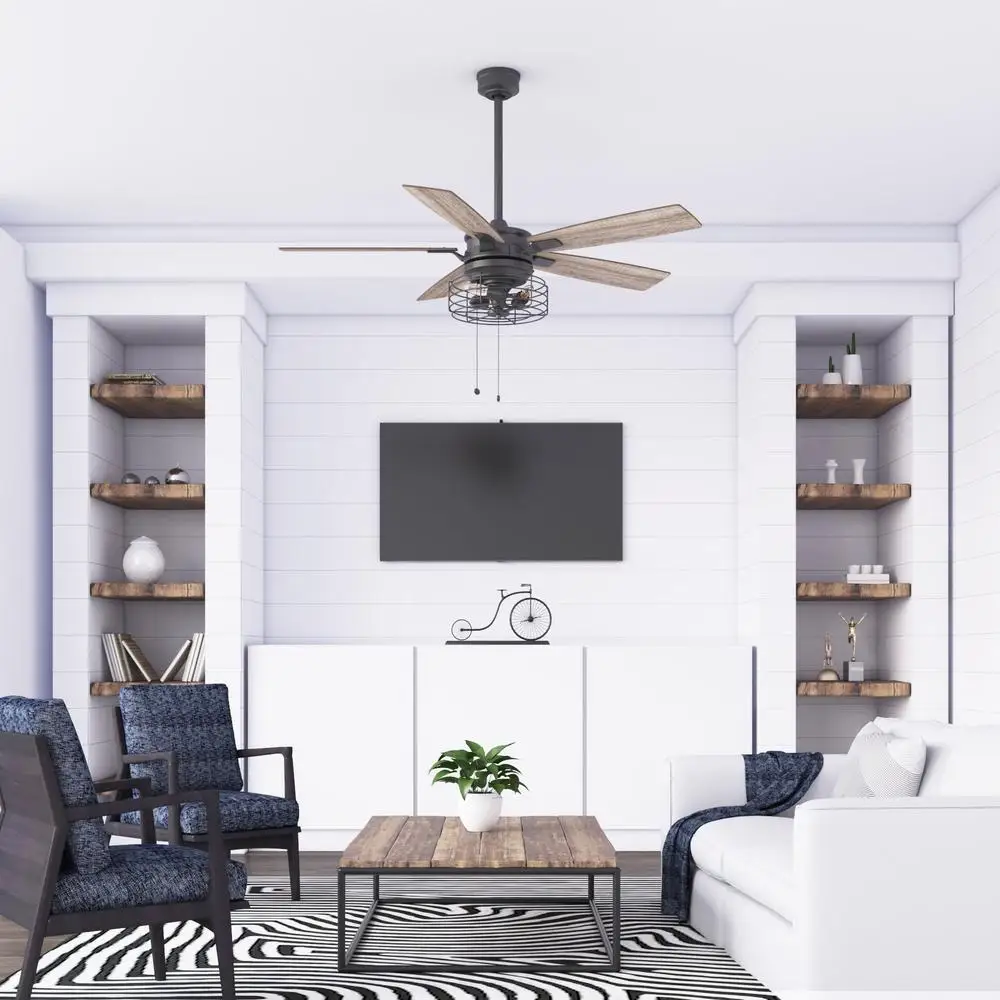 52 Inch Ceiling Fan with Light Dimmable Edison Bulbs Remote Control Industrial Chic Reversible Blades Home Living Room Bedroom