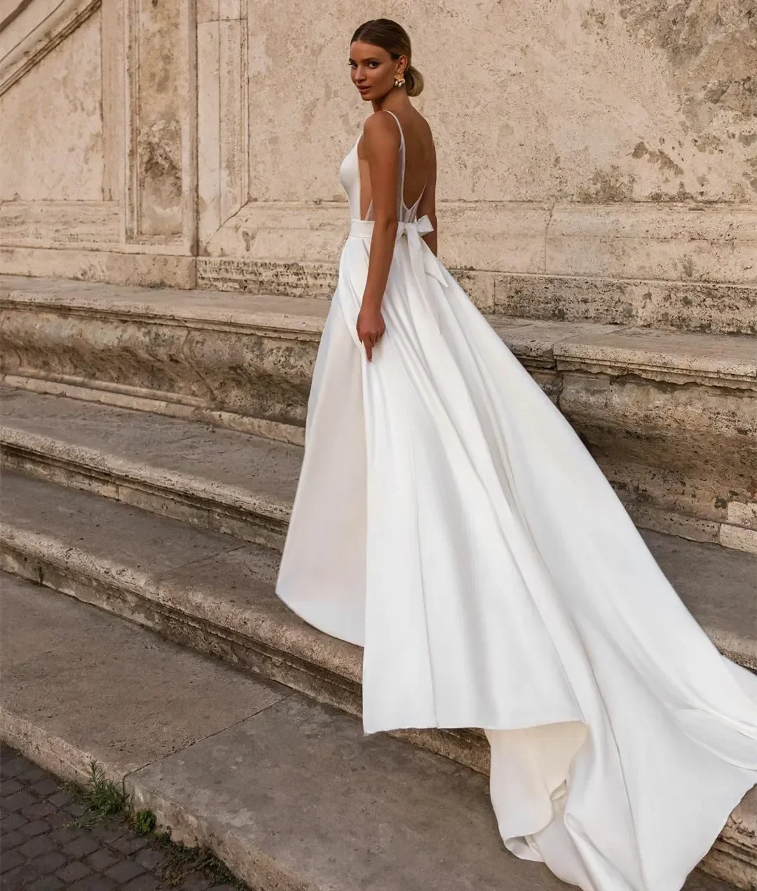 Vestido de novia largo con cuello en V para mujer, elegante y sexy, sin mangas, con líneas de lazo, tren de barrido, talla grande