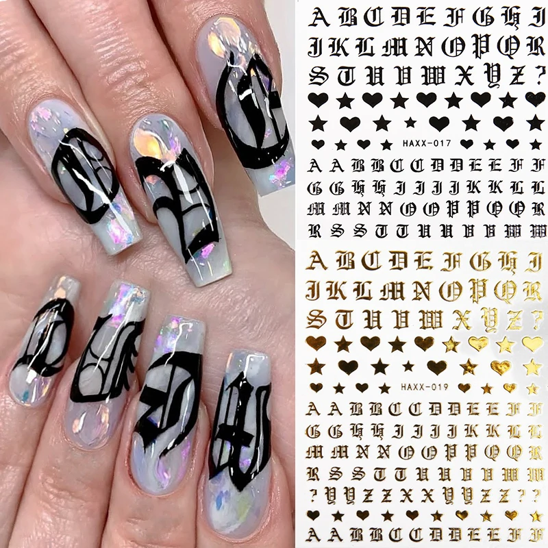 3D Roman English Alphabet Nail Art Sticker Holographic Self-adhesive Nail Tattoos Decals Golden Heart Letter Manicure Decoration