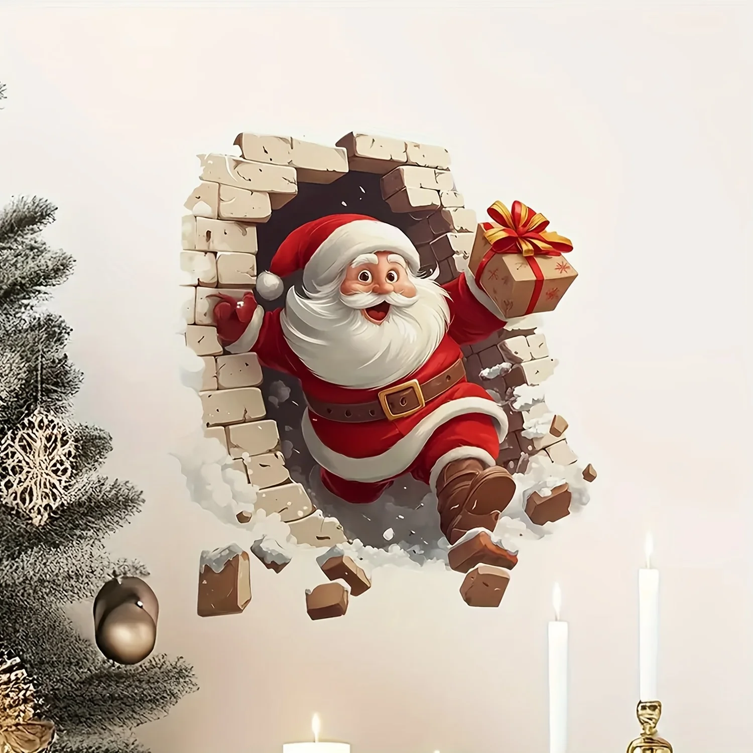1 Blatt Weihnachtsmann-Weihnachts-Wandaufkleber mit Geschenk für Kinder, Babyzimmer, einzigartige Weihnachtsdekoration, abnehmbarer Vinyl-Aufkleber, brechende Ziegelwand