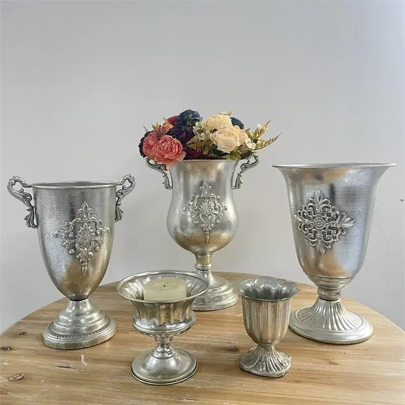 HYS tall vase dried flower pot wedding hotel home decoration ornament old silver wrought iron flower ware