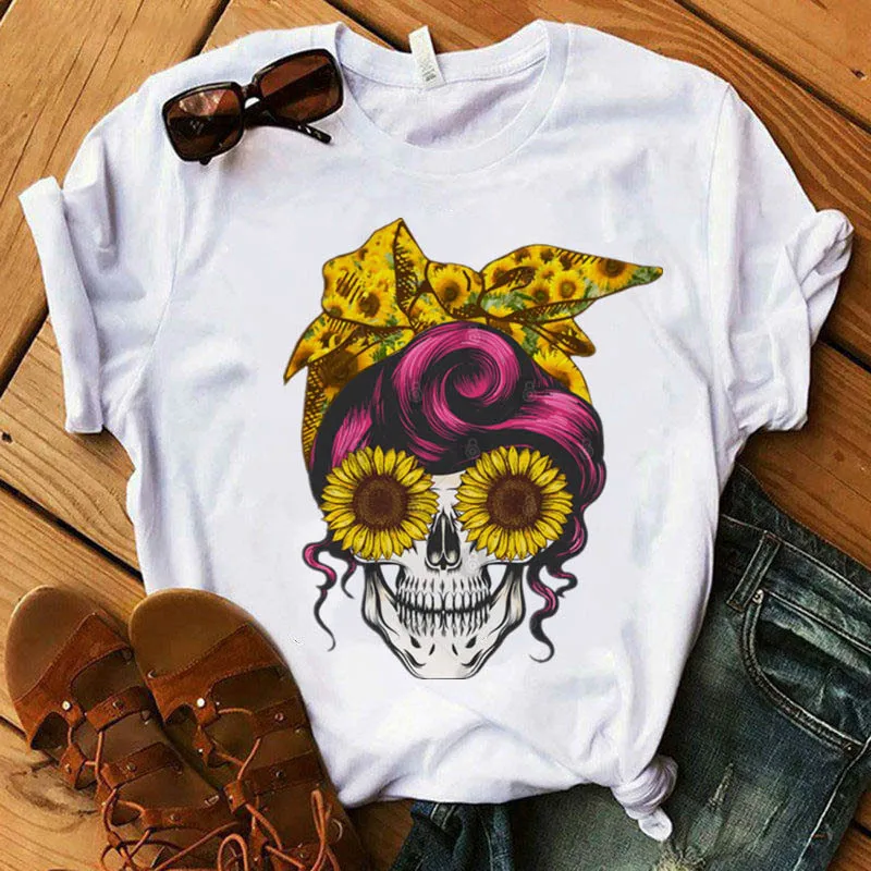 Women's Spring Summer Flower Skeleton Base Shirt Simple Retro Round Neck Short Sleeve T-shirt Woman Oversized T Shirt  Tops