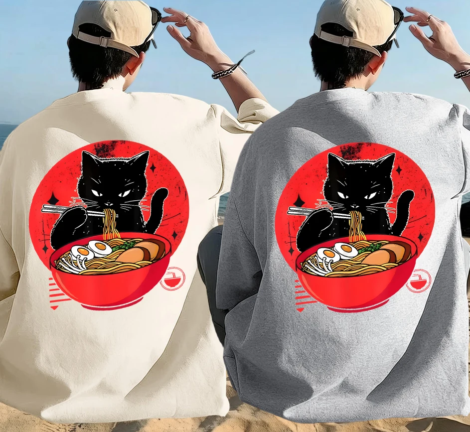 

Enjoy The Cat Of Lamian Noodles Print Summer T-Shirt Suit Cotton Men Korean Soft Streetwear Commute Breathable Short Sleeve