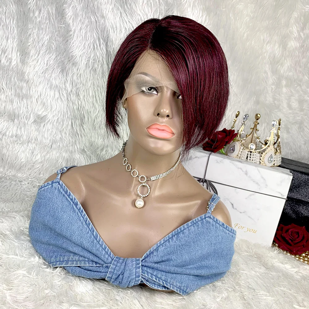 99J バーガンディ ピクシーカット レースフロントウィッグ 人毛 13x4x1 パート レースウィッグ ブラジル産 ショートストレート人毛ウィッグ 黒人女性向け