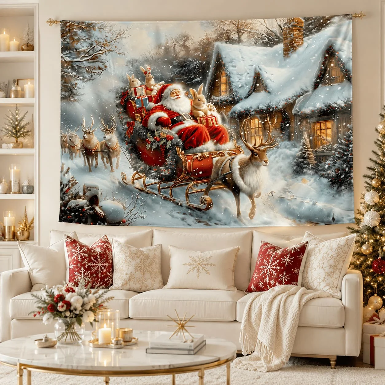 Santa on Sleigh Wall Tapestry - Snowy Town Landscape, Polyester Christmas Decor for Living Room