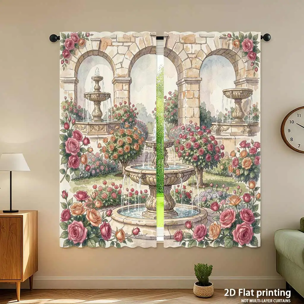 Elegant Floral Rose Garden Fountain Mural Print Curtains Tapestry Waterproof Vintage Romantic Window Dressing Decor Home Accent