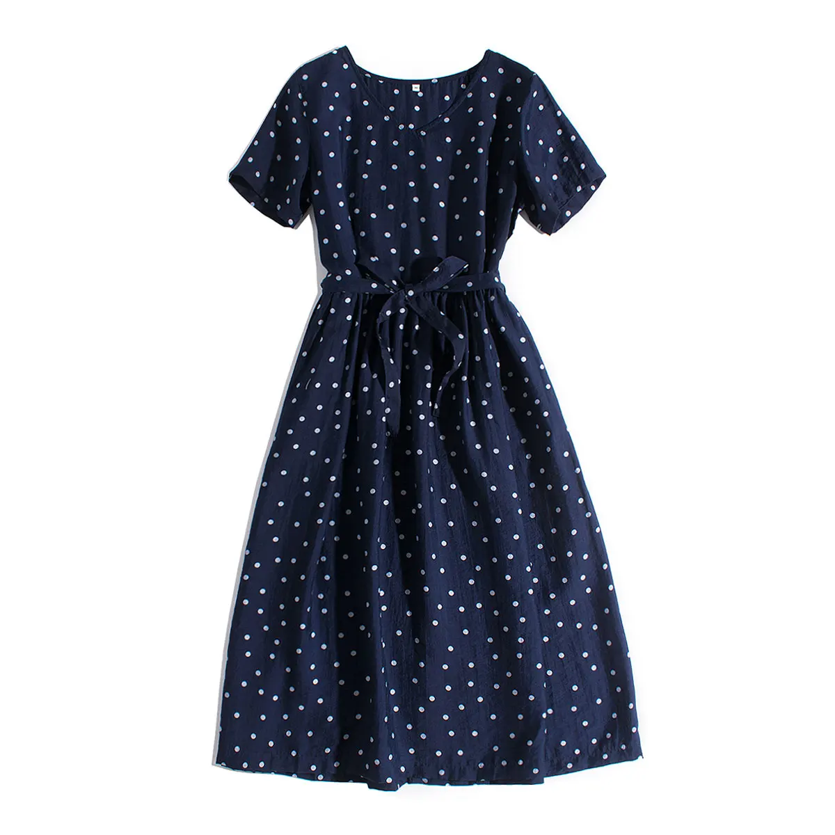 2024 New Summer Cotton Women Midi Dresses Short Sleeve V-Neck Sweet Polka Dot Literary Vintage Sundress Vestidos