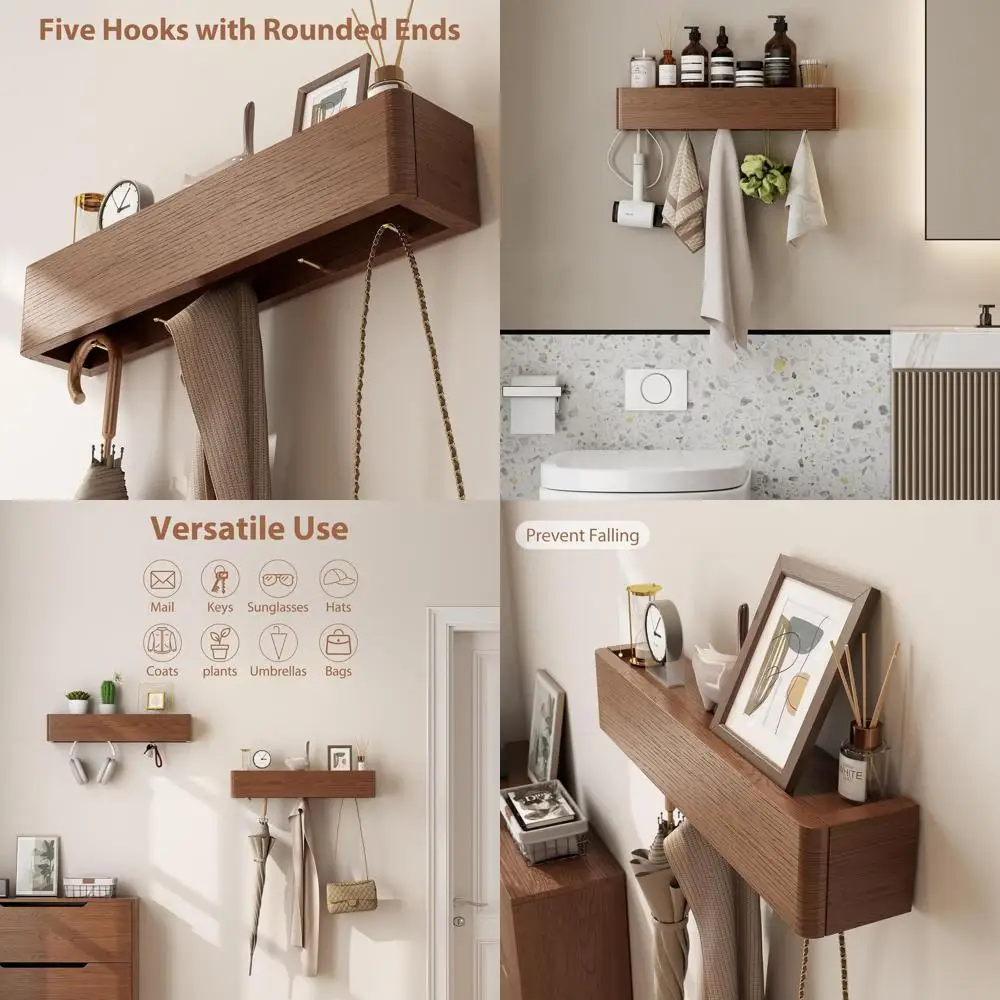 

Modern Wall-Mounted Coat Rack with Shelf and 5 Hooks - Floating Entryway Storage for Home Decor