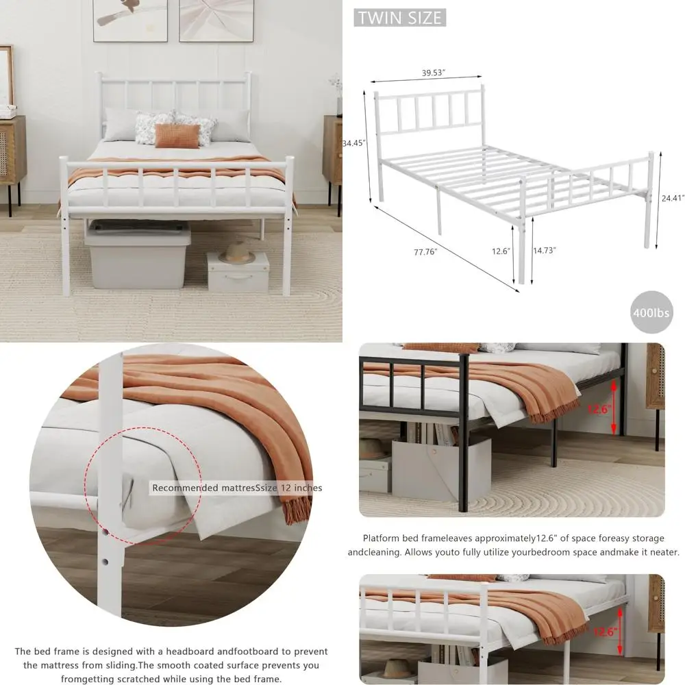 

Sturdy Steel Twin Bed Frame with Headboard, No Box Spring Needed, Easy Assembly, White Metal Platform Bed Support