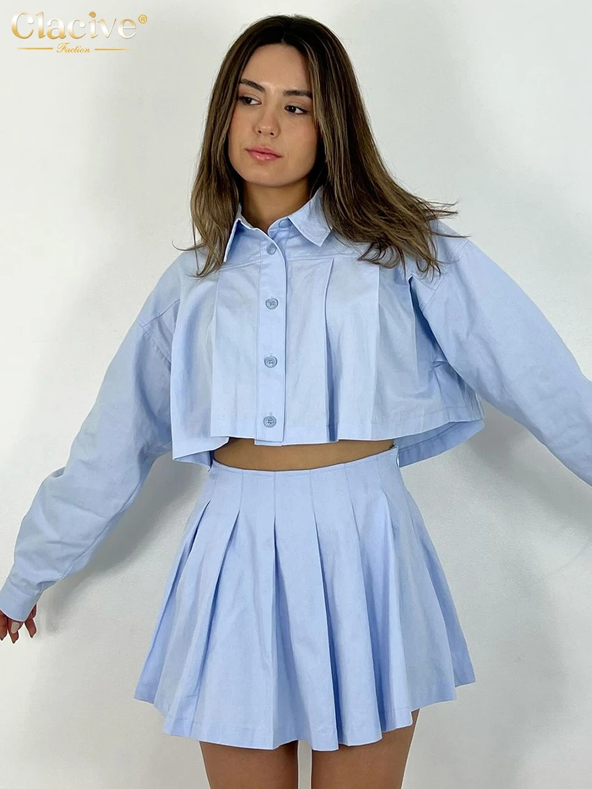 Clacive Fashion Loose Blue Cotton Women's Two Pieces Set Elegant Long Sleeve Crop Shirt With High Waist Pleated Mini Skirt Set