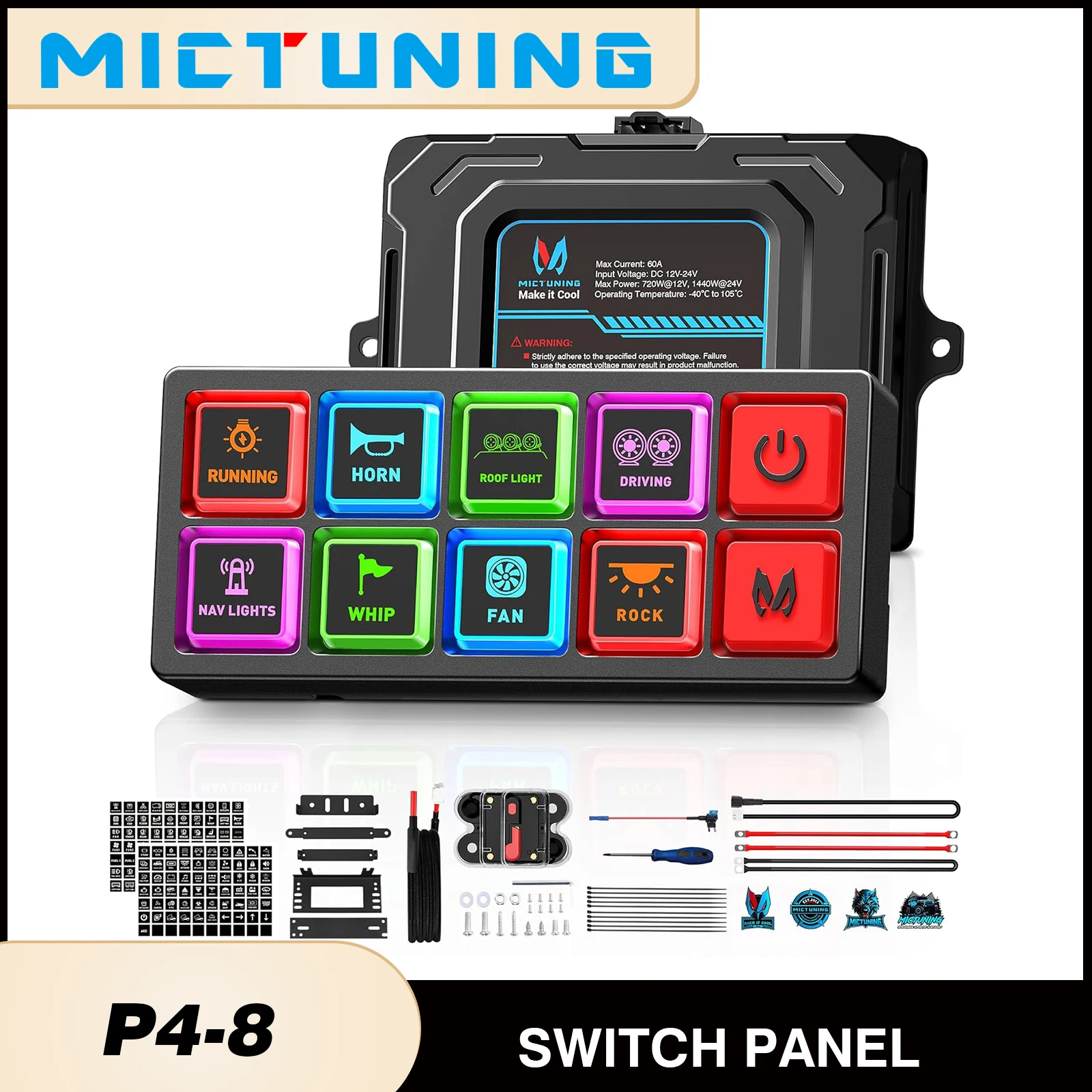 

MICTUNING P4 8 Gang Neon Switch Panel,Compact & Flexible Control Panel,LED Backlit Silicone Buttons, Toggle On-Off Touch Pod