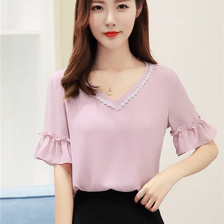 

Chiffon Short-sleeved New Fashion Red Korean-style Women's Clothing Temperament V-neck Top