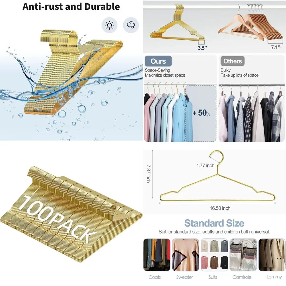 

100 сверхпрочных золотых металлических проволочных вешалок с насечками для различных типов одежды