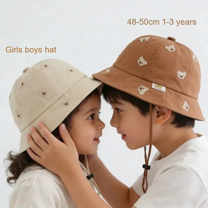 

Girls Bear Head Embroidery Fisher Hat 48-50cm Spring Summer Kids Sun Protection Outdoor Leisure Cap Boy Bucket Hat Children Caps