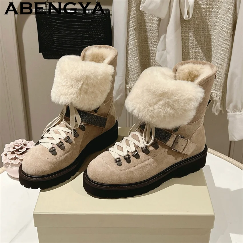 2026 Winter New Fashion Week Knit Socks Boots Women Round Toe Lace Up Ankle Boots Woman Suede Leather High Top Punk Store Boots