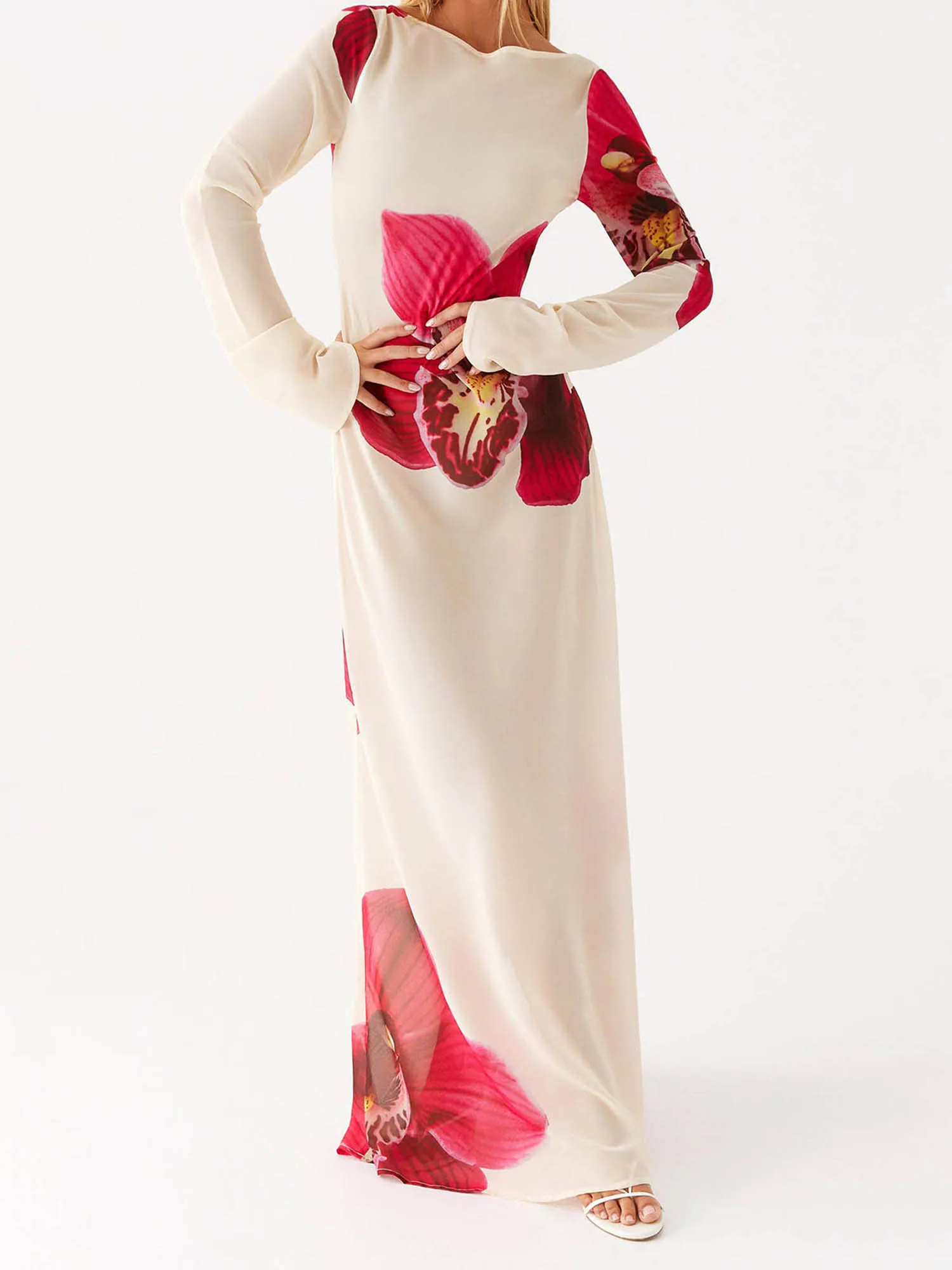 Women s Boho Style Maxi Dress Off Shoulder Ruffle Sleeve Floral Print Beach Dress for Summer Vacation Party Wear