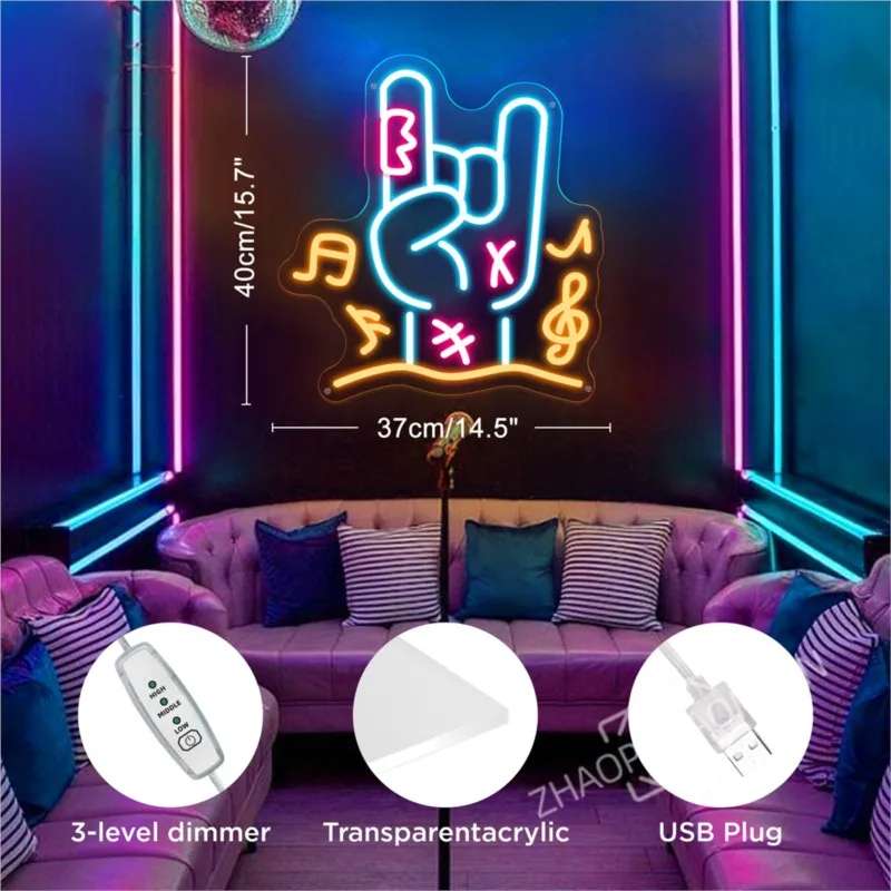 Rock Gesture LED Neon Sign Karaoke Wall Decoration Neon Sign Light Game Room Music Party Rock Studio Bar Disco Party Neon Light - view 4