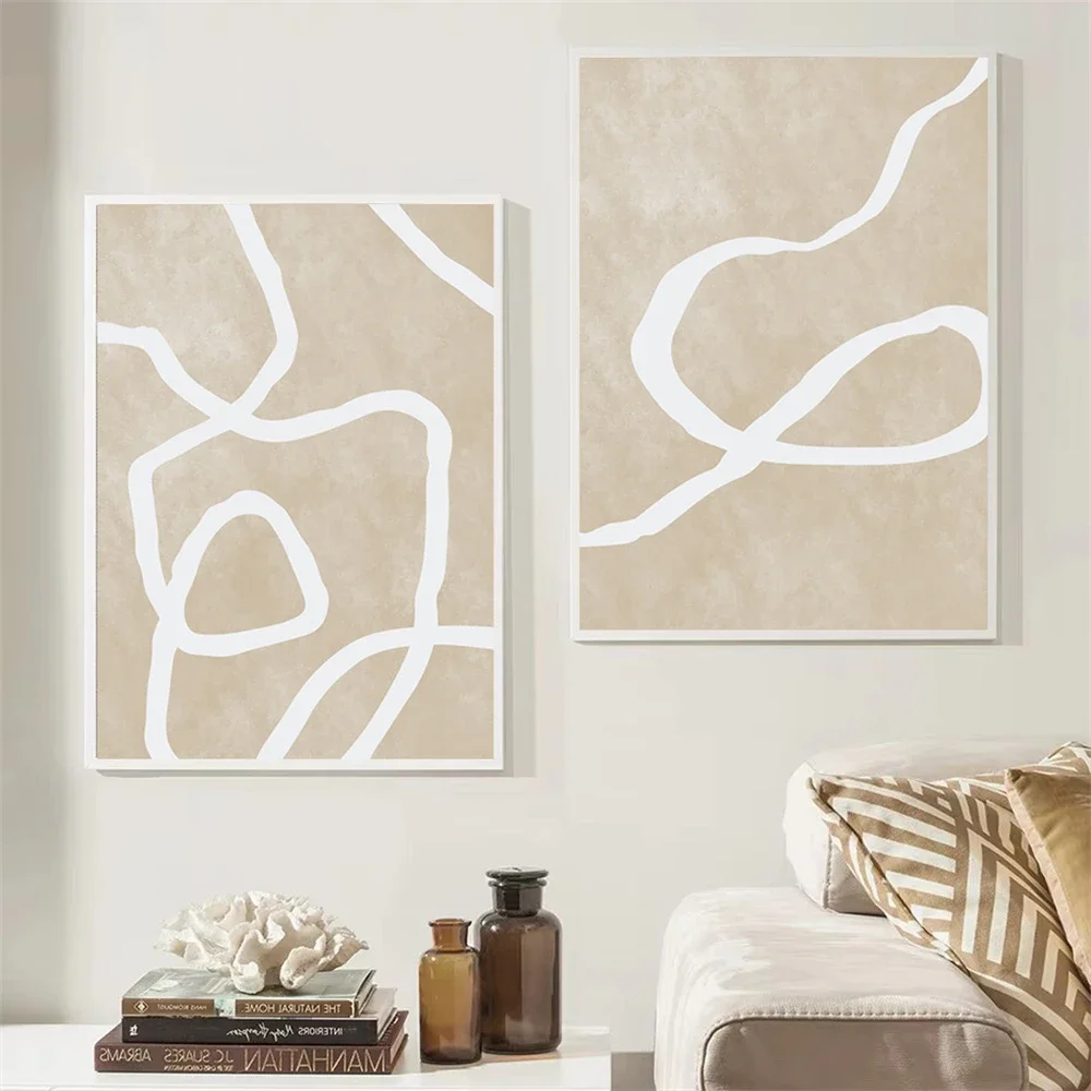 (No frame)Pósteres neutros bohemios Beige, líneas blancas abstractas, cuadro sobre lienzo para pared, impresiones de imágenes