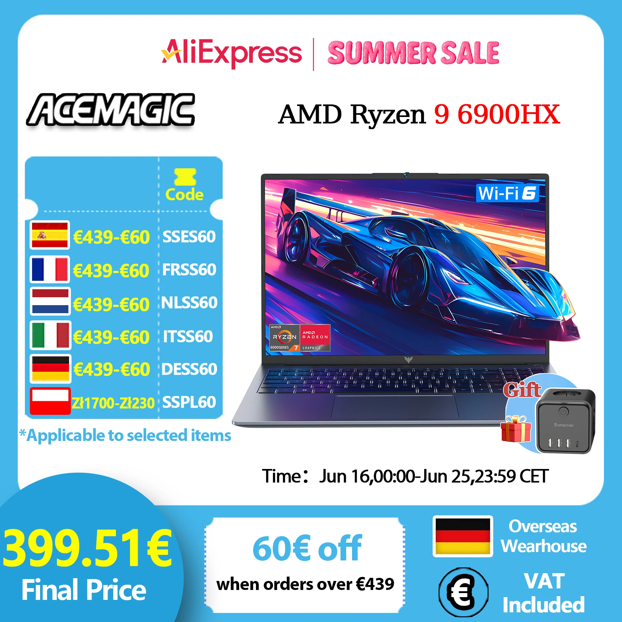 ACEMAGIC ordinateur portable de jeu 16 pouces FHD affichage AMD Ryzen 9 6900HX processeur 16GB RAM DDR5 4800MHz 512GB SSD ordinateur portable de jeu