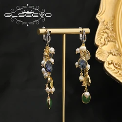 GLSEEVO Long Tassel Pearl Drop Earrings Crystal Rhinestone Dangle Earrings For Women Wedding Jewelry Luxury Drop Earring Gifts