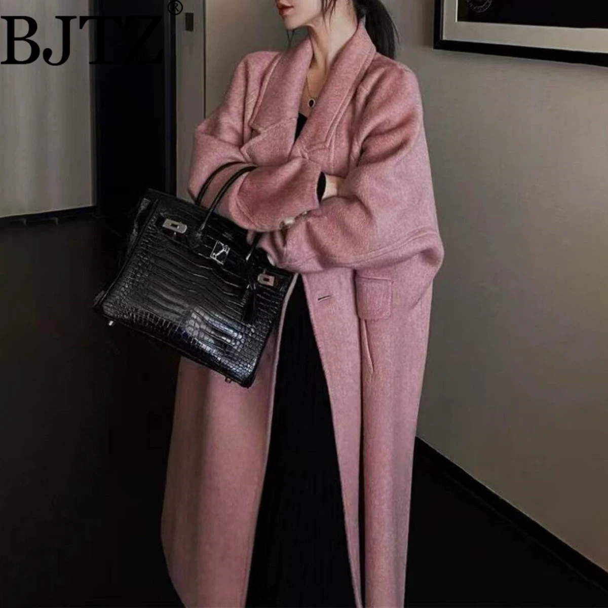 

BJTZ 2025 New Women’s Double Breasted Wool Trench Coat Long Elegant Vintage Cashmere Blend Autumn Winter Casual Chic Solid Color