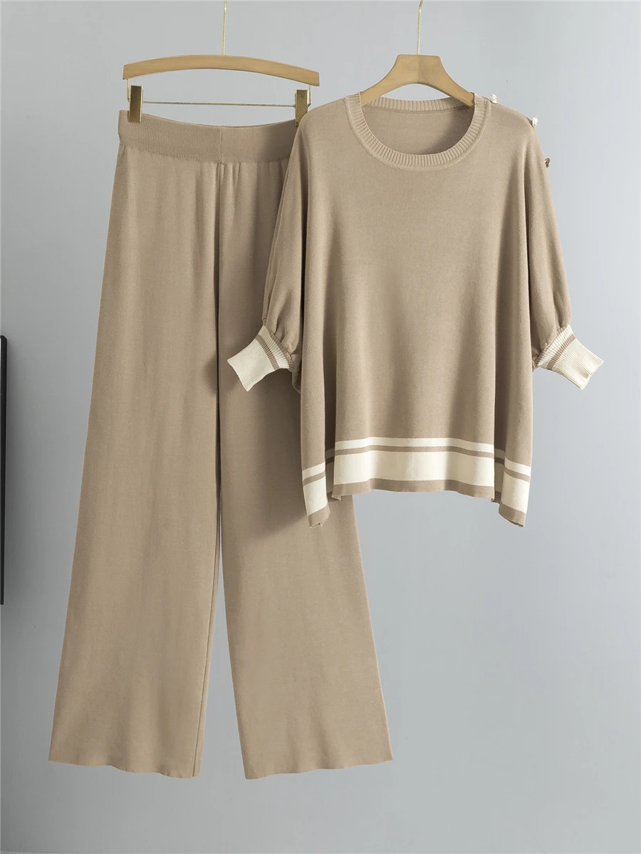 

Вязаный комплект для похудения, женский длинный топ с крыльями летучей мыши, широкие брюки, костюм из двух предметов, модная эластичная женская одежда высокого качества...