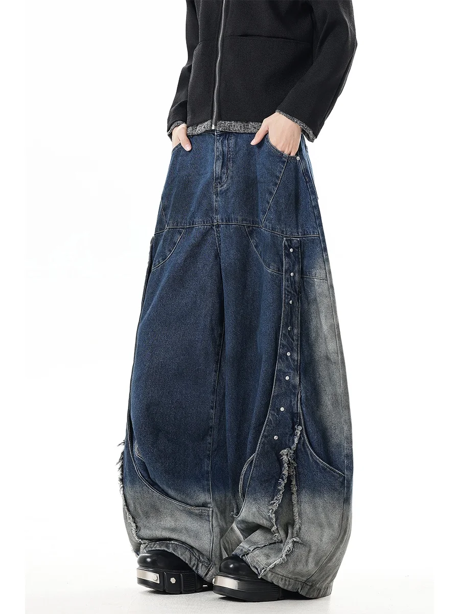 

Boyue American Sle Rivet Frayed Denim Jeans Floor-Length Wide Leg Pants Men Women Splicing Design Sense Faion Casual Jeans