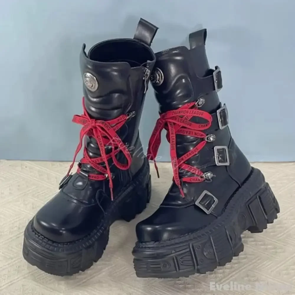 

Handmade Custom Punk Metal Decoration Mid Calf Boots Women Round Toe Rivet Belt Buckle Cross Tied Bike Boots 2025 New Rock Boots