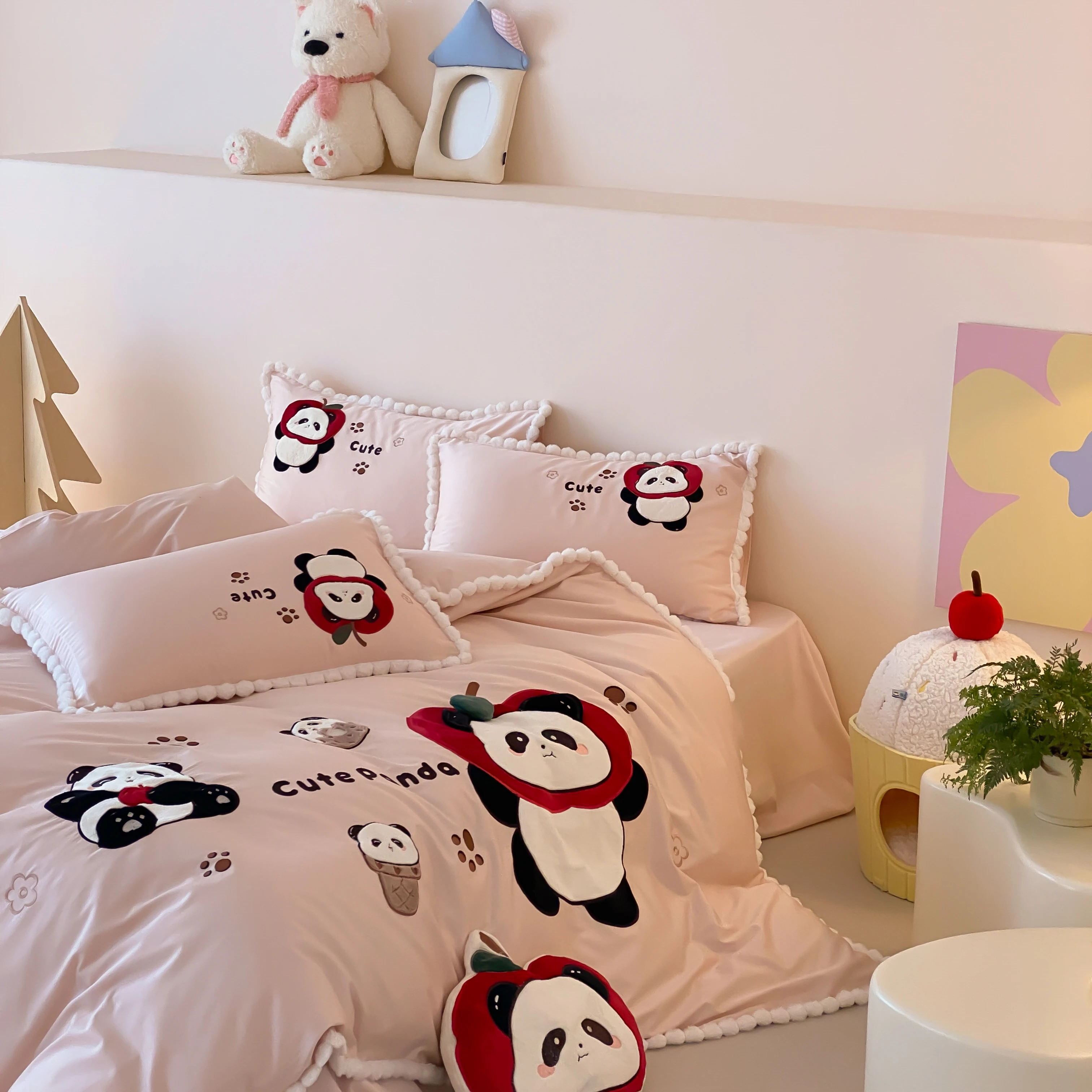Cute 3D Panda Applique Bedding Set Queen Size, Pink Pom Pom Fringe Duvet Cover Set Kids Cartoon Bed Linen 4Pcs