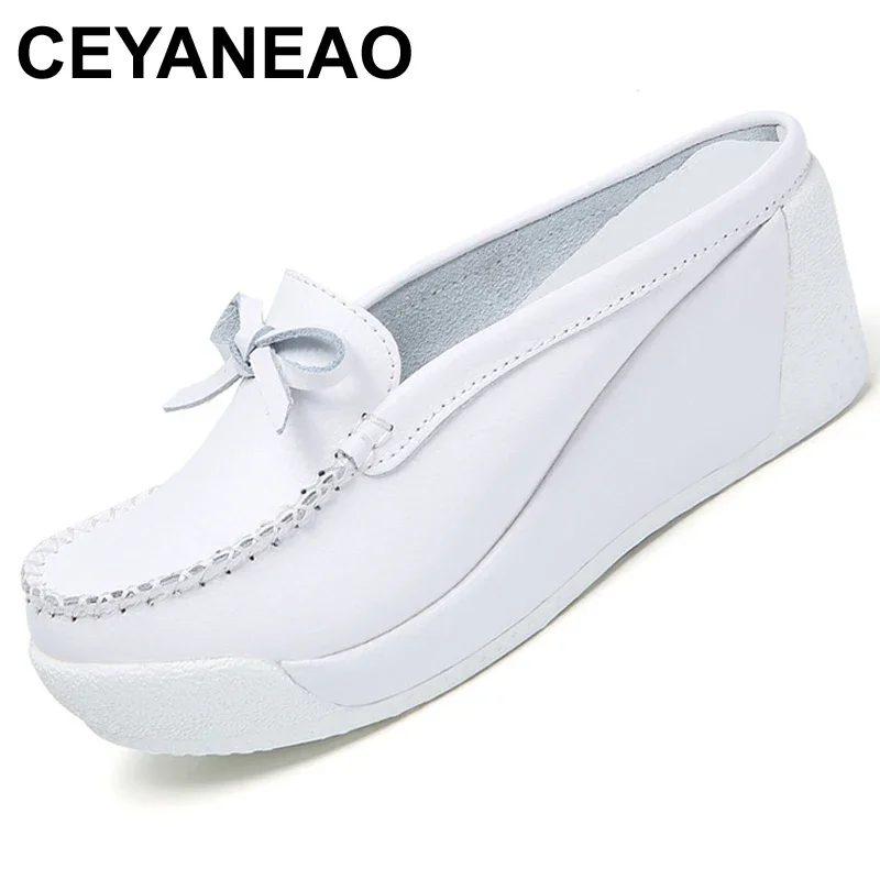 

CEYANEAONew Women Platform Slipper Pattern Flats Breathable Leather Casual Shoes Slip-on Comfortable Butterfly-knot Nurses Shoes