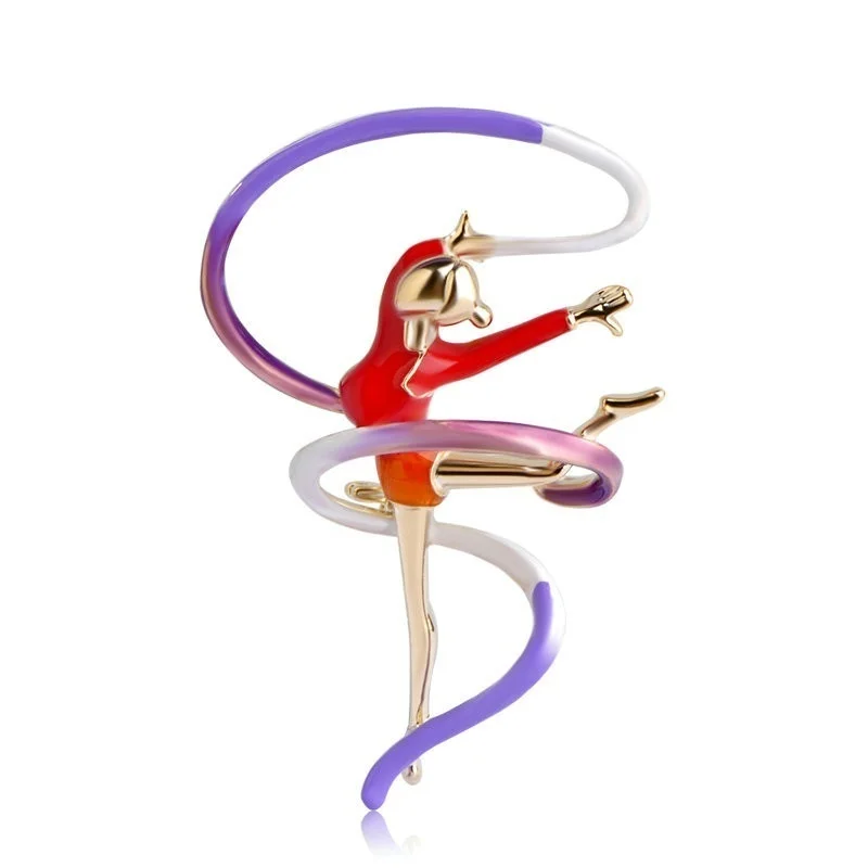 Sports Gymnastics Whirling Girls Ribbon Brooch Clothes Accessories Gold-color Enamel Brooches Lady Women Jewelry Pins