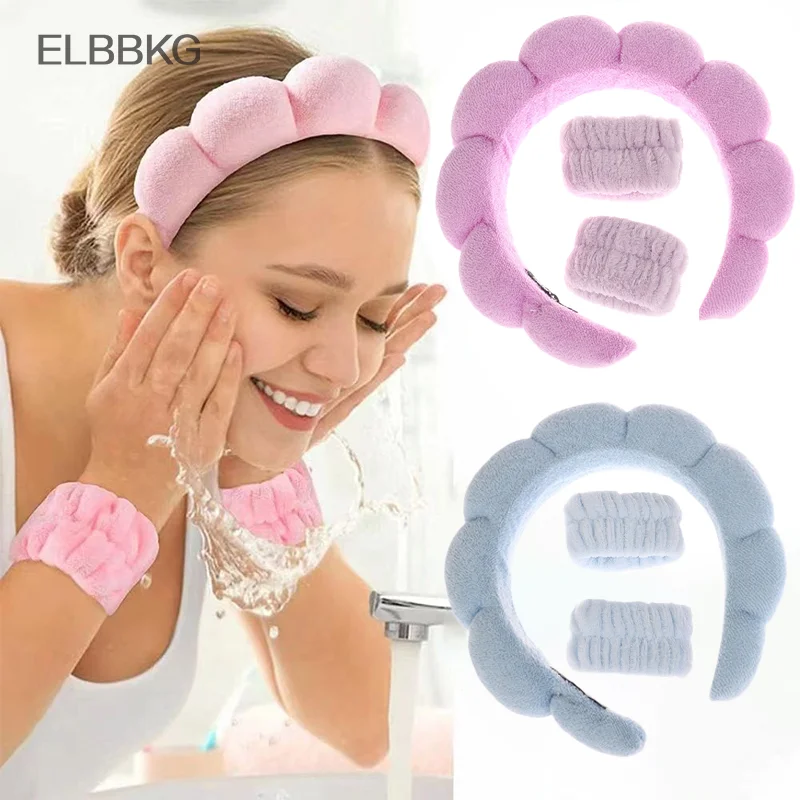 Bando Spa untuk mencuci wajah, aksesori rambut wanita, 3 buah bando spons Makeup Headband pergelangan tangan handuk gelembung