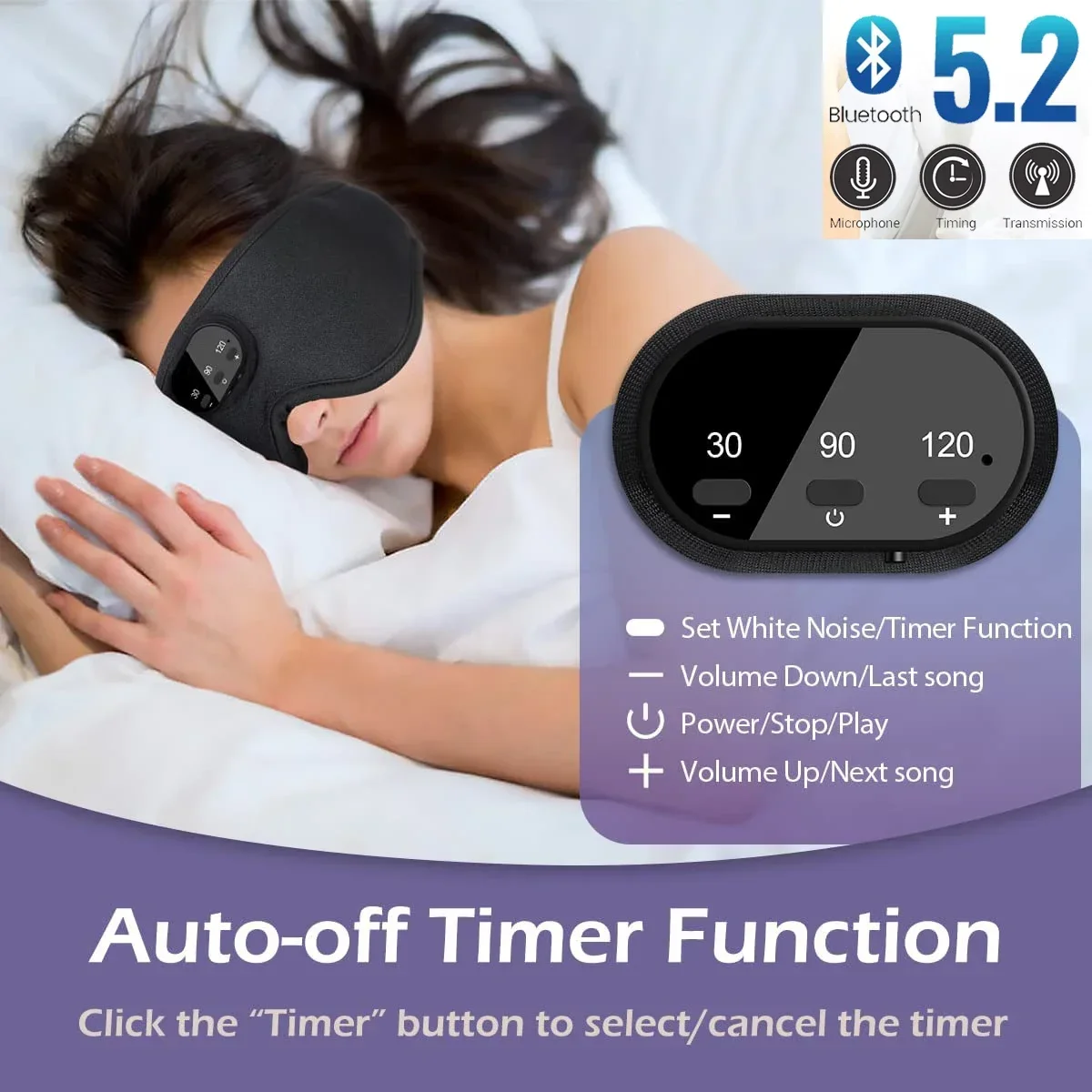 2024 White Noise Eye Mask, Bluetooth 5.2 3D Wireless Music Sleep Headphone Breathable Auto Shut Off Ultra-Thin HD Stereo Speaker